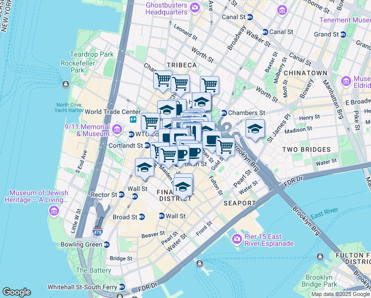 map of restaurants, bars, coffee shops, grocery stores, and more near 1 Beekman Street in New York
