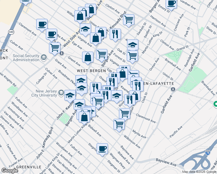 map of restaurants, bars, coffee shops, grocery stores, and more near 104 Orient Avenue in Jersey City