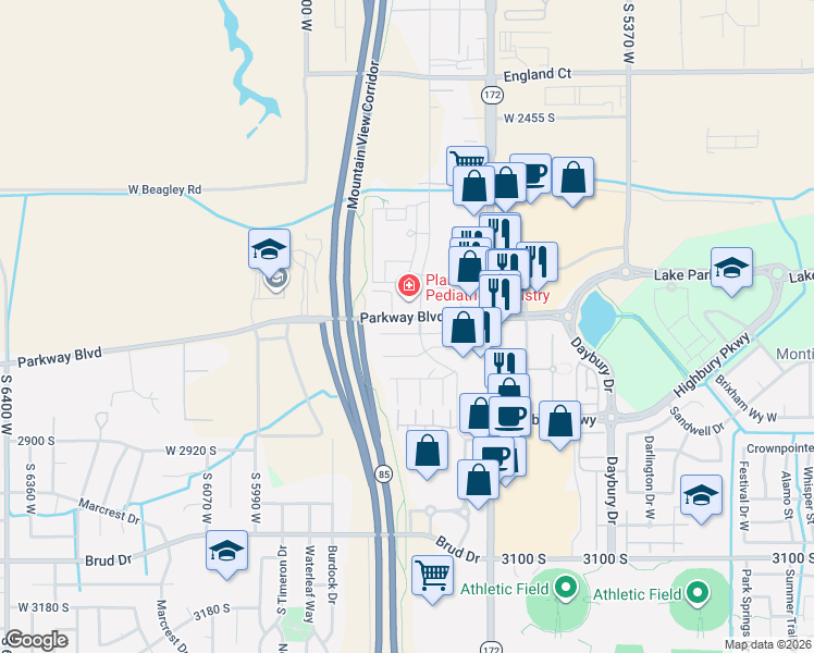 map of restaurants, bars, coffee shops, grocery stores, and more near 5688 Parkway Boulevard in West Valley City