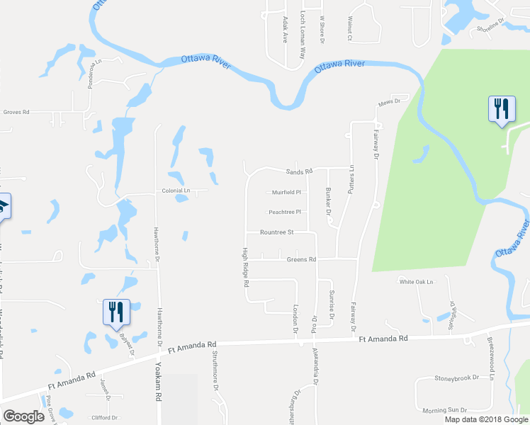 map of restaurants, bars, coffee shops, grocery stores, and more near 3499 Peachtree Place in Lima