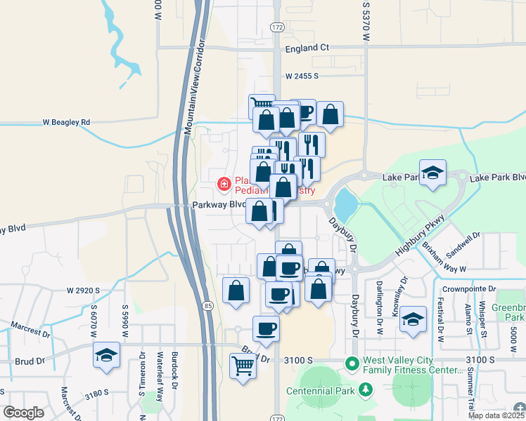 map of restaurants, bars, coffee shops, grocery stores, and more near 5638 Braemar Court in West Valley City