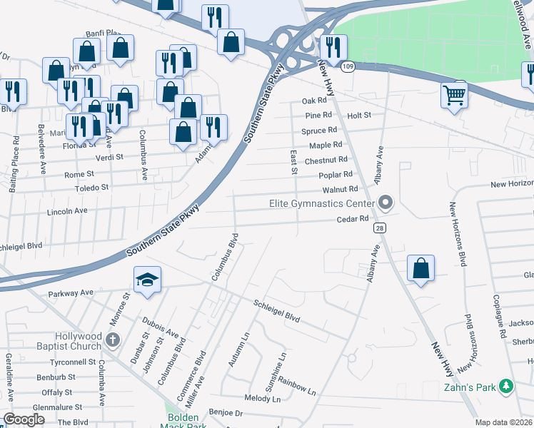 map of restaurants, bars, coffee shops, grocery stores, and more near 54 Walnut Road in Amityville