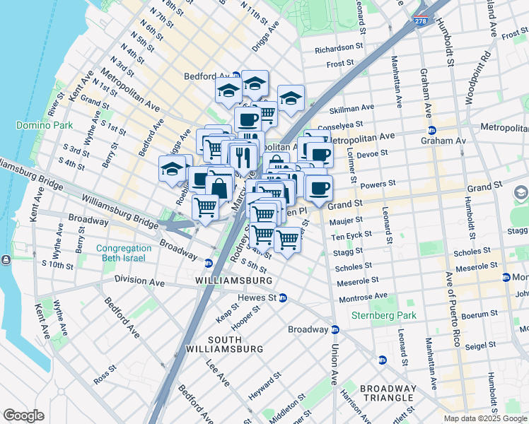 map of restaurants, bars, coffee shops, grocery stores, and more near 404 Rodney Street in Brooklyn