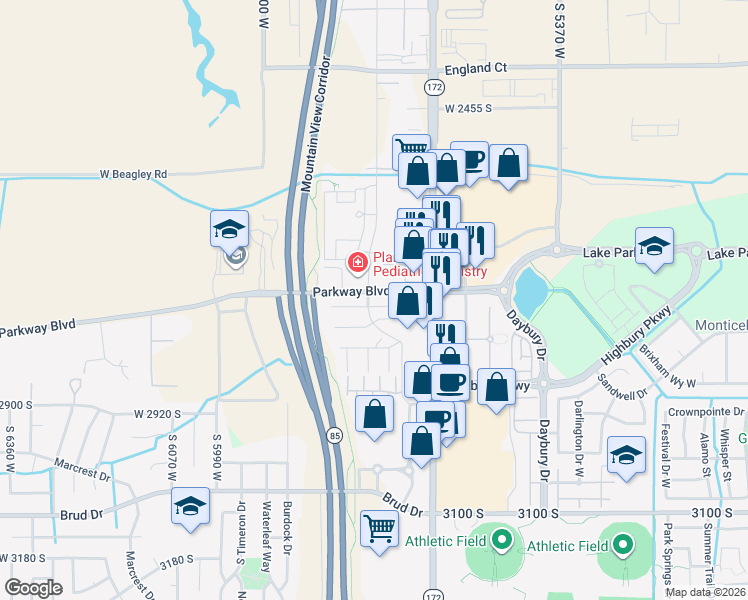 map of restaurants, bars, coffee shops, grocery stores, and more near 5704 Braemar Court in West Valley City