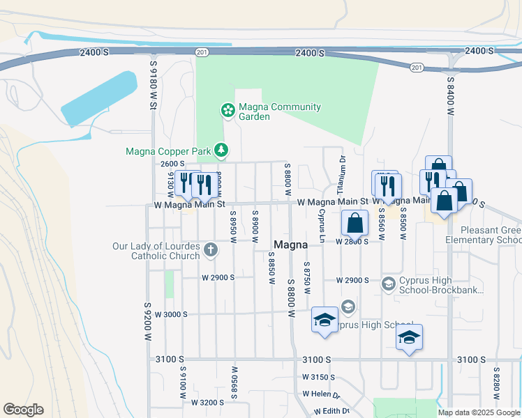 map of restaurants, bars, coffee shops, grocery stores, and more near 8885 West Magna Main Street in Magna