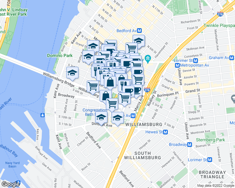 map of restaurants, bars, coffee shops, grocery stores, and more near South 4th Street & Roebling Street in Brooklyn