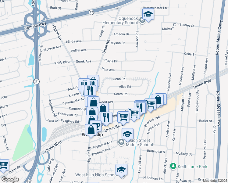 map of restaurants, bars, coffee shops, grocery stores, and more near 17 Alice Road in West Islip