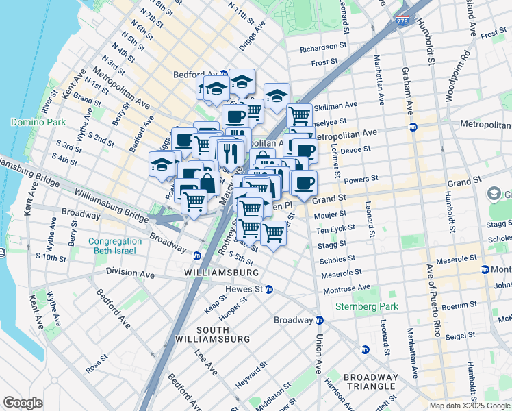 map of restaurants, bars, coffee shops, grocery stores, and more near 404 Rodney Street in Brooklyn