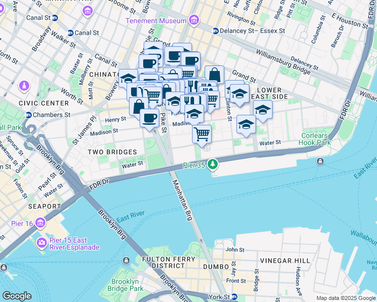 map of restaurants, bars, coffee shops, grocery stores, and more near 244 Cherry Street in New York