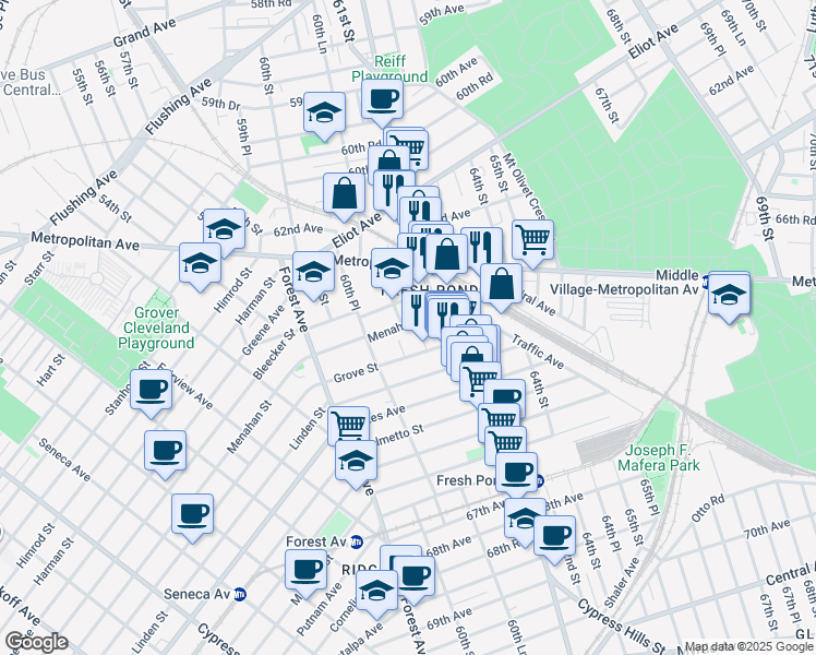 map of restaurants, bars, coffee shops, grocery stores, and more near 61-4 Menahan Street in Queens