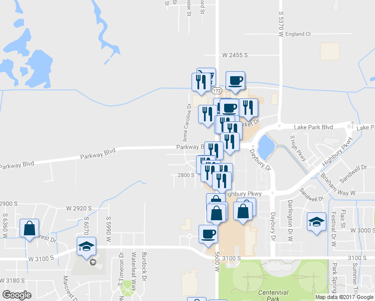map of restaurants, bars, coffee shops, grocery stores, and more near 5704 Braemar Court in West Valley City