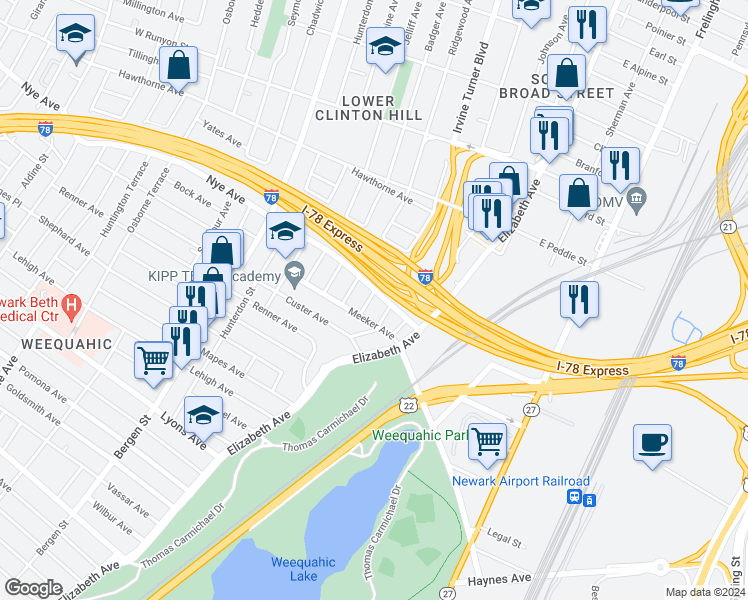 map of restaurants, bars, coffee shops, grocery stores, and more near 667 Irvine Turner Boulevard in Newark
