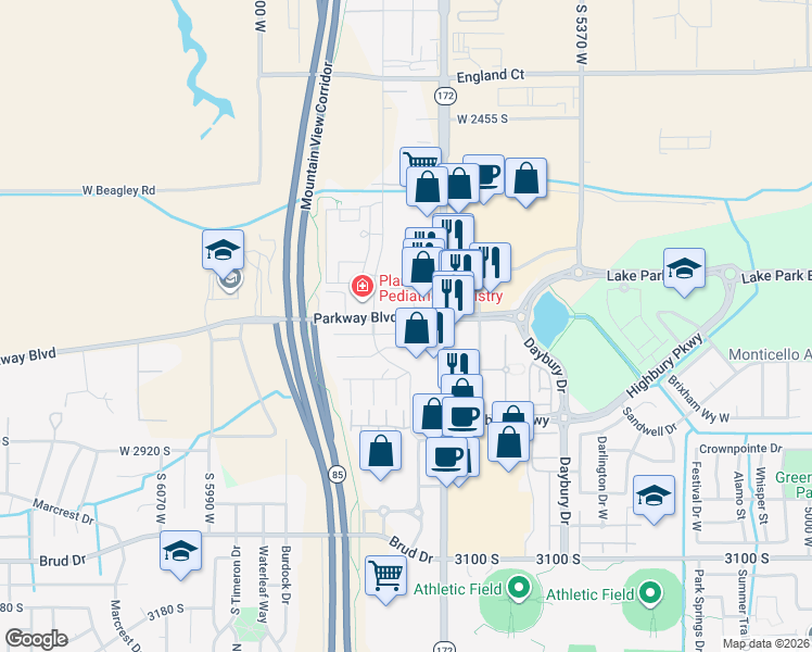 map of restaurants, bars, coffee shops, grocery stores, and more near 5660 Braemar Court in West Valley City