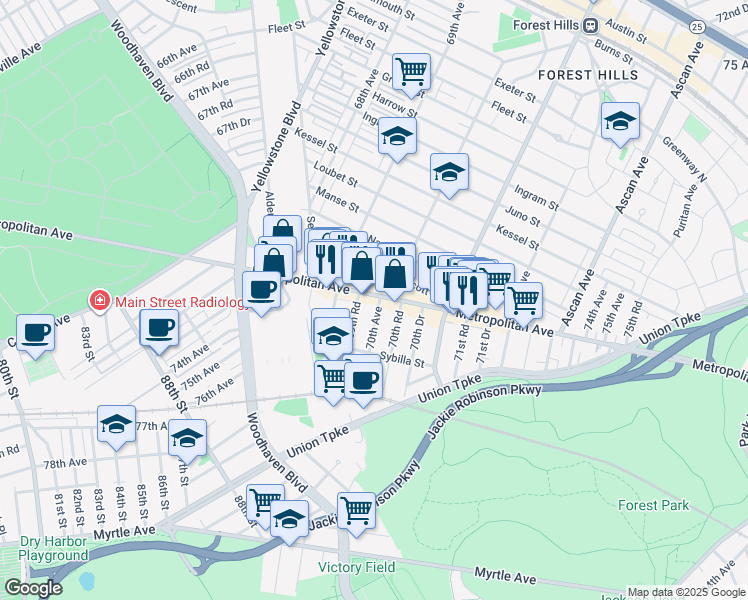 map of restaurants, bars, coffee shops, grocery stores, and more near in Queens