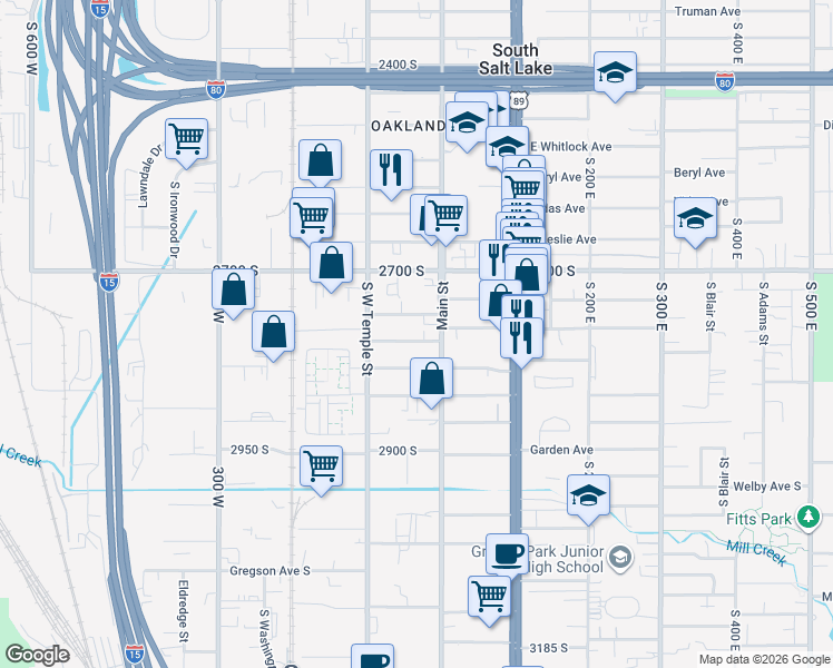 map of restaurants, bars, coffee shops, grocery stores, and more near 2761 Belle Grove Way in South Salt Lake