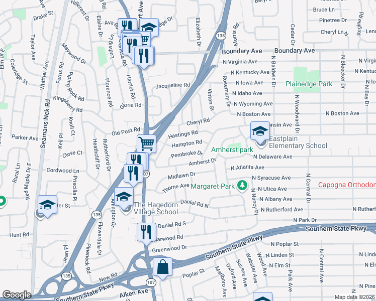 map of restaurants, bars, coffee shops, grocery stores, and more near 16 Hampton Road in Massapequa