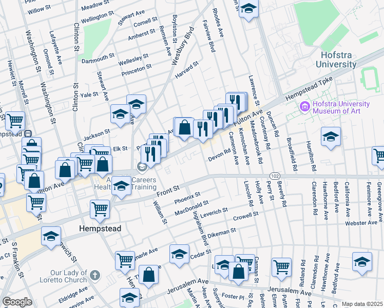 map of restaurants, bars, coffee shops, grocery stores, and more near 607 Fulton Avenue in Hempstead