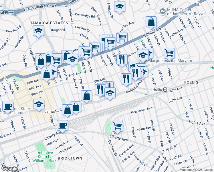 map of restaurants, bars, coffee shops, grocery stores, and more near 90-14 186th Street in Queens