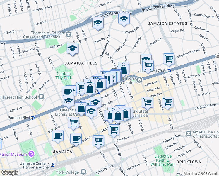 map of restaurants, bars, coffee shops, grocery stores, and more near 170-10 Cedarcroft Road in Queens