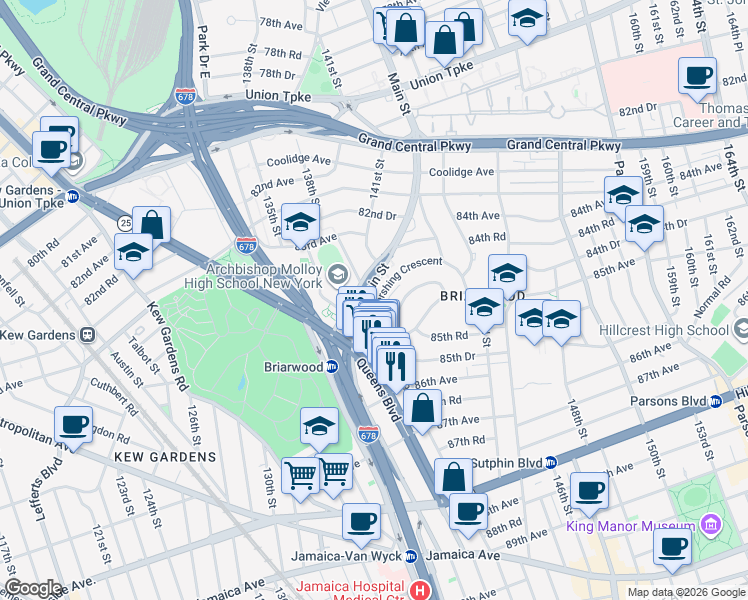 map of restaurants, bars, coffee shops, grocery stores, and more near 139-59 Pershing Crescent in Queens