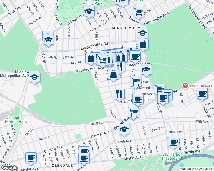 map of restaurants, bars, coffee shops, grocery stores, and more near 73-21 67th Drive in Queens