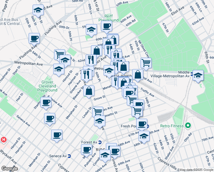 map of restaurants, bars, coffee shops, grocery stores, and more near 6222 61st Street in Queens