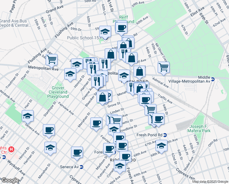 map of restaurants, bars, coffee shops, grocery stores, and more near 62-78 60th Place in Queens