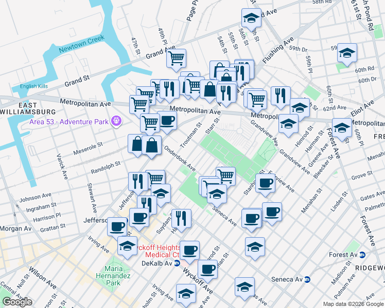 map of restaurants, bars, coffee shops, grocery stores, and more near 715 Woodward Avenue in Queens