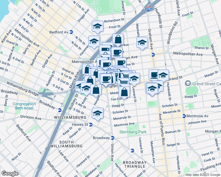 map of restaurants, bars, coffee shops, grocery stores, and more near 30 Powers Street in Brooklyn