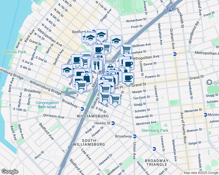 map of restaurants, bars, coffee shops, grocery stores, and more near 404 Rodney Street in Brooklyn