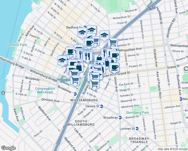 map of restaurants, bars, coffee shops, grocery stores, and more near 404 Rodney Street in Brooklyn