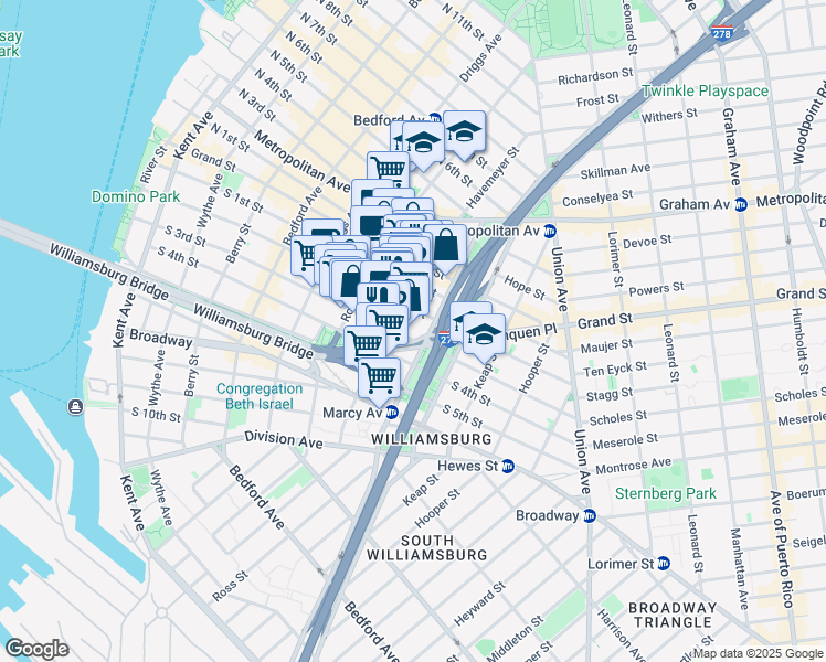 map of restaurants, bars, coffee shops, grocery stores, and more near 153 Havemeyer Street in Brooklyn
