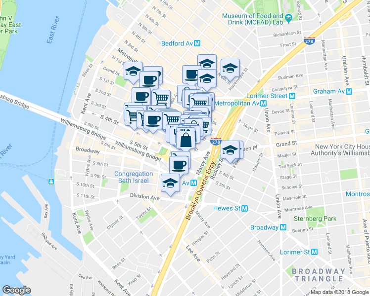 map of restaurants, bars, coffee shops, grocery stores, and more near 209 South 3rd Street in Brooklyn