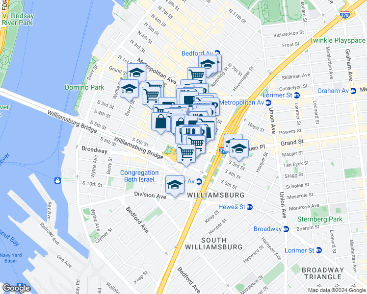 map of restaurants, bars, coffee shops, grocery stores, and more near 209 South 3rd Street in Brooklyn