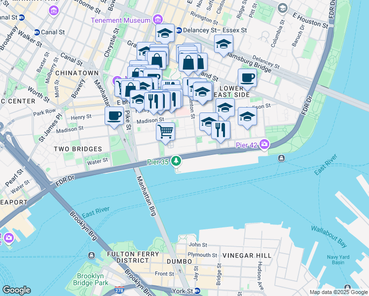 map of restaurants, bars, coffee shops, grocery stores, and more near 309 Cherry Street in New York