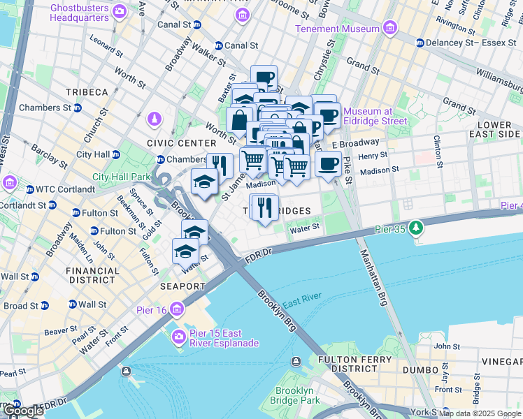 map of restaurants, bars, coffee shops, grocery stores, and more near 46 Madison Street in New York
