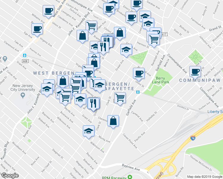 map of restaurants, bars, coffee shops, grocery stores, and more near in Jersey City