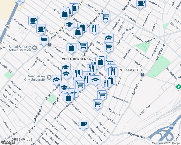 map of restaurants, bars, coffee shops, grocery stores, and more near 104 Orient Avenue in Jersey City