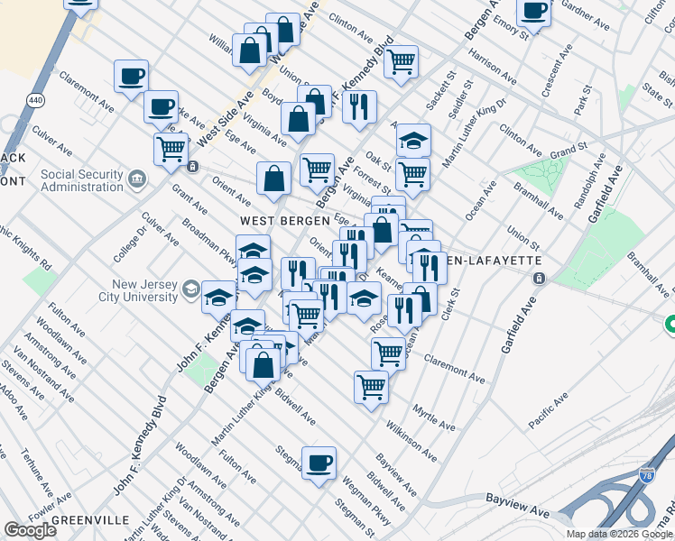 map of restaurants, bars, coffee shops, grocery stores, and more near 104 Orient Avenue in Jersey City