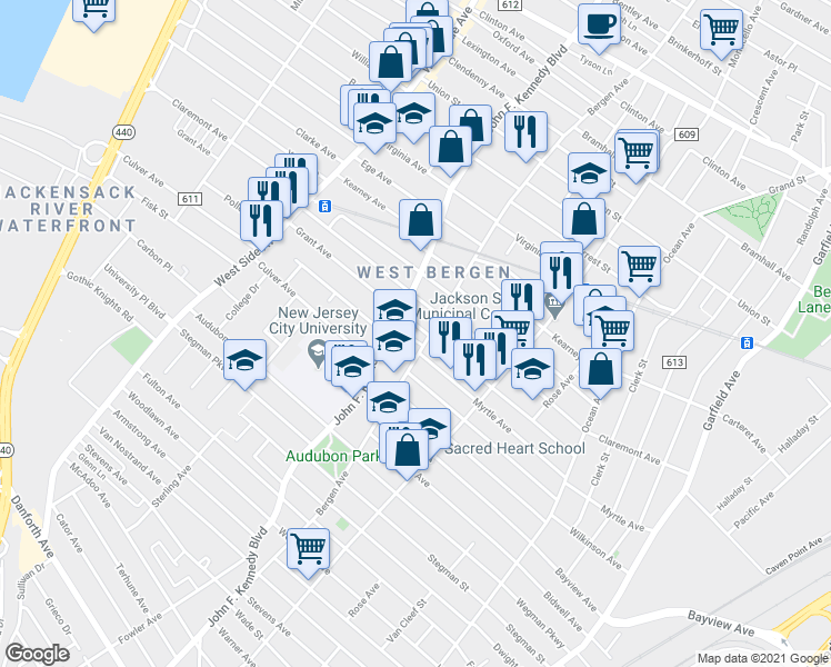 map of restaurants, bars, coffee shops, grocery stores, and more near 239 Claremont Avenue in Jersey City