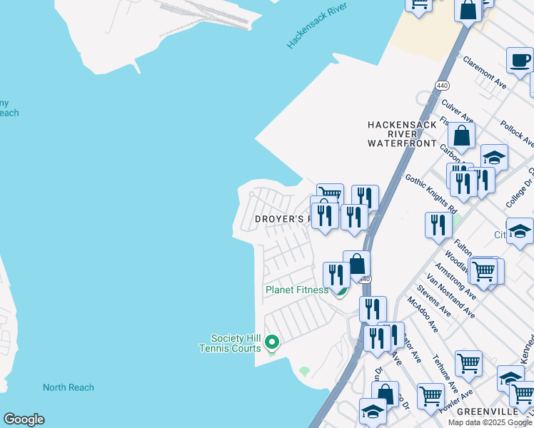 map of restaurants, bars, coffee shops, grocery stores, and more near 1 Kissam Court in Jersey City