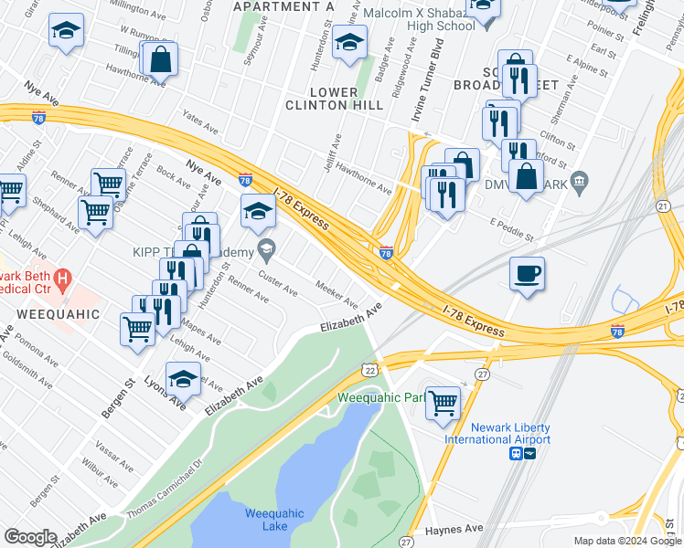 map of restaurants, bars, coffee shops, grocery stores, and more near 62-68 Watson Avenue in Newark