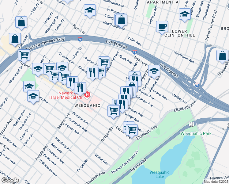 map of restaurants, bars, coffee shops, grocery stores, and more near 151 Scheerer Avenue in Newark