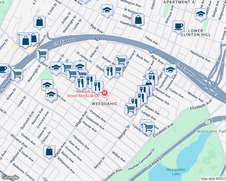 map of restaurants, bars, coffee shops, grocery stores, and more near 176 Huntington Terrace in Newark