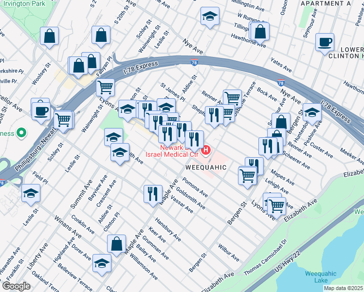 map of restaurants, bars, coffee shops, grocery stores, and more near 203 Schuyler Avenue in Newark