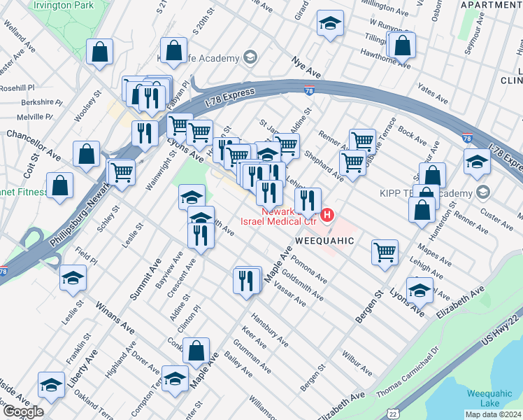 map of restaurants, bars, coffee shops, grocery stores, and more near 284 Lyons Avenue in Newark
