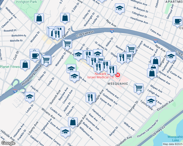 map of restaurants, bars, coffee shops, grocery stores, and more near in Newark