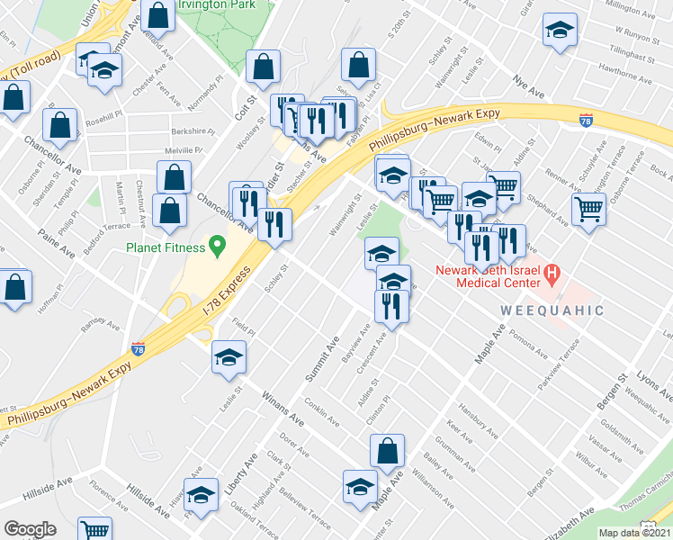 map of restaurants, bars, coffee shops, grocery stores, and more near 375 Leslie Street in Newark