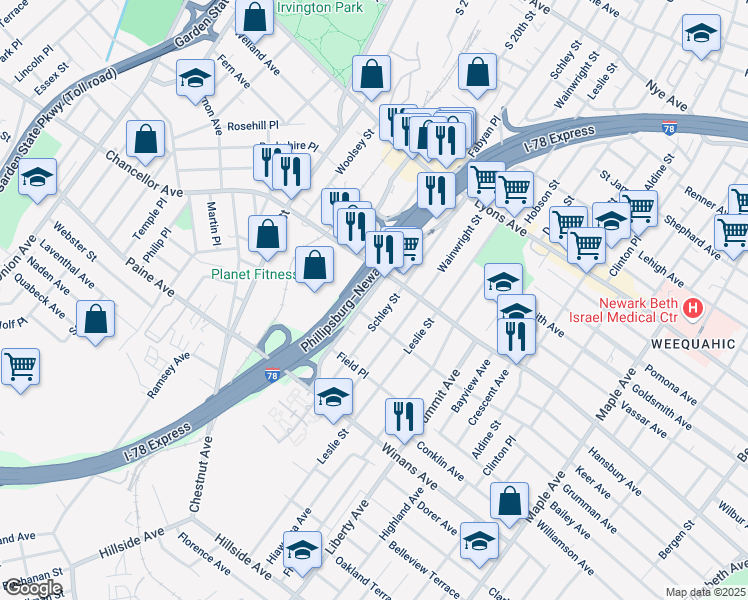 map of restaurants, bars, coffee shops, grocery stores, and more near 414 Chancellor Avenue in Newark