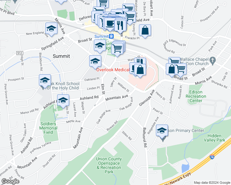 map of restaurants, bars, coffee shops, grocery stores, and more near 12 William Street in Summit